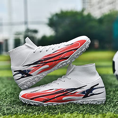 Men's Soccer Cleats Football Shoes Indoor TF Turf Sports Lacrosse Boots High-Tops Lace-Up Non-Slip Spikes Sneaker White EU 42 Enfom Clothing