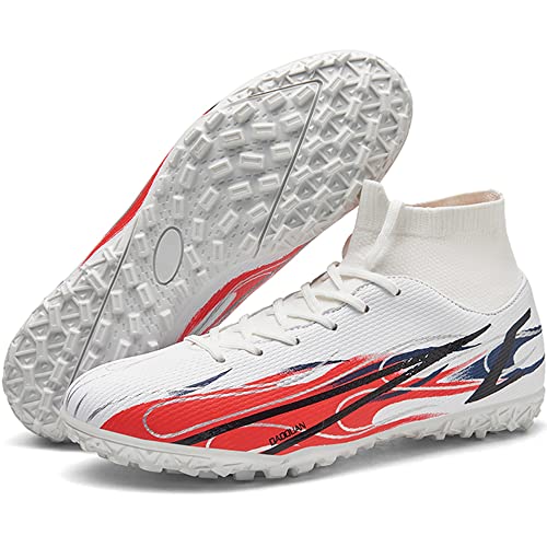 Men's Soccer Cleats Football Shoes Indoor TF Turf Sports Lacrosse Boots High-Tops Lace-Up Non-Slip Spikes Sneaker White EU 42 Enfom Clothing