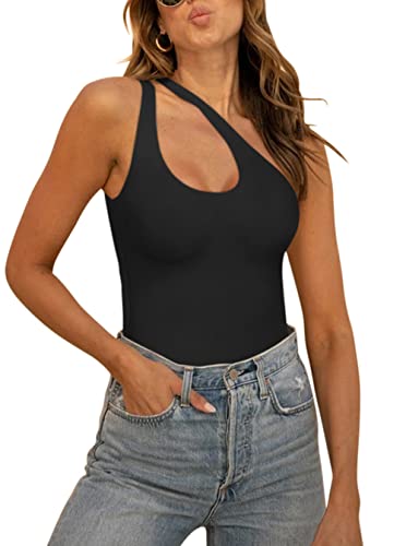 REORIA Women's Summer Sexy One Shoulder Cutout Front Sleeveless One Piece Tank Tops Backless Thong Bodysuits Leotards for Going Out Black Medium Enfom Clothing