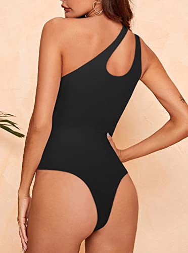 REORIA Women's Summer Sexy One Shoulder Cutout Front Sleeveless One Piece Tank Tops Backless Thong Bodysuits Leotards for Going Out Black Medium Enfom Clothing