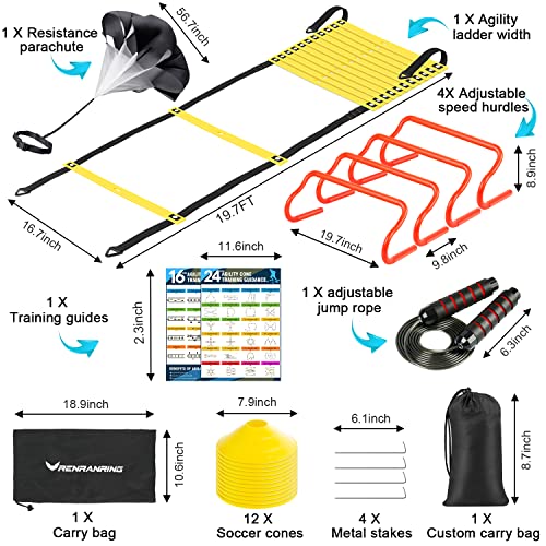 X-UMEUS Agility Ladder Speed Training Equipment Set - Includes 20ft Agility Ladder, Resistance Parachute, 4 Agility Hurdles, 12 Disc Cones for Training Football Soccer Basketball Athletes Enfom Clothing