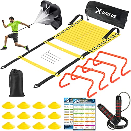 X-UMEUS Agility Ladder Speed Training Equipment Set - Includes 20ft Agility Ladder, Resistance Parachute, 4 Agility Hurdles, 12 Disc Cones for Training Football Soccer Basketball Athletes Enfom Clothing